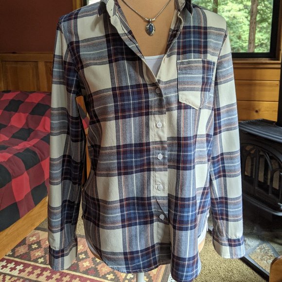 H&M Logg Flannel Button Up Shirt Cream Plaid - Picture 2 of 7